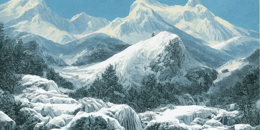 Prompt: beautiful idyllic poster illustration for a craggy barren icy snow valley national park by ludwig hohlwein