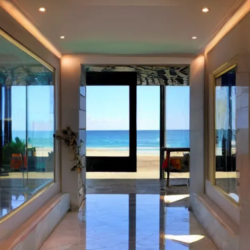 Prompt: shiny marble tiles in hallway leading to patio, beach in the background, luxury, indoor,