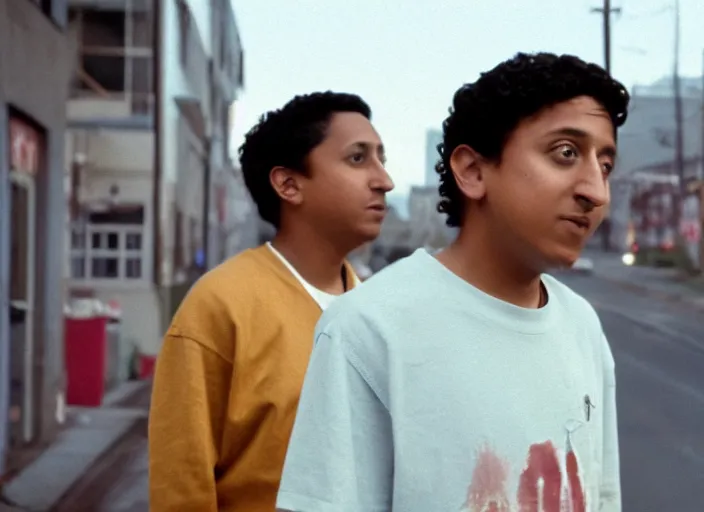 Image similar to First Official image from Cardboard, new drama film directed by Spike Jonze starring Tony Revolori as a Philadelphia b-boy in 1990 at dawn, shot on Kodak Vision 200T, stunning cinematography, light diffusion, film grain, 8k print.