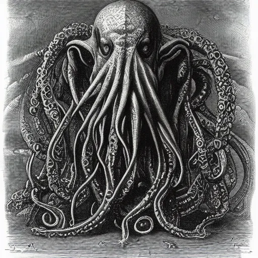 Image similar to a portrait of cthulhu, illustration by Gustave Doré