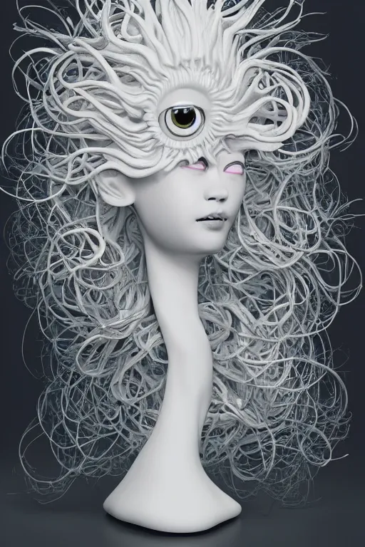 Prompt: 3 d full head and shoulders beautiful white porcelain woman with white big eyeballs all through her hair, ornate detailed hair, 3 d swirling hair by theodor seuss geisel and daniel arsham and xiang duan, simon stalenhag, kim jung gi, on a white background