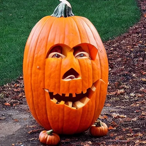 Image similar to angela merkel is the award winning pumpkin head of halloween.