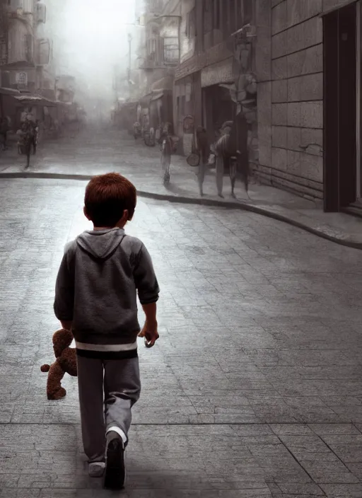 Image similar to hyperrealism, detailed textures, photorealistic 3 d, a young boy walking down the street holding a worn out teddy bear, ultra realistic, cinematic, intricate, cinematic light, concept art, illustration, art station, unreal engine 8 k