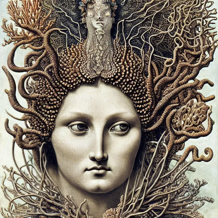 Image similar to realistic detailed face portrait of the goddess of the deep waters with an intricate headdress of corals, sea kelp, sea plants, fish, jellyfish, art by ernst haeckel, archimboldo, face in focus, neo - gothic, gothic,