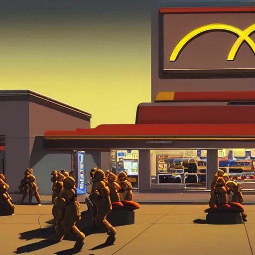 Image similar to intricately detailed ralph mcquarrie concept art of a futuristic mcdonalds with the golden arches displayed. a space station is seen off in the distance with various droids and people walking in the foreground. a trooper is seen holding a brown mcdonalds bag.