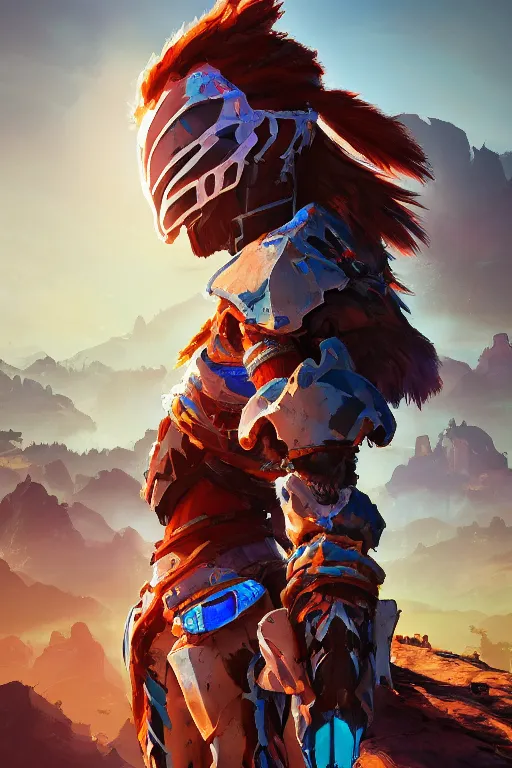 Image similar to combination suit armor aloy horizon forbidden west horizon zero dawn radiating a glowing aura global illumination ray tracing hdr fanart arstation by ian pesty and alena aenami artworks in 4 k tribal robot ninja mask helmet backpack