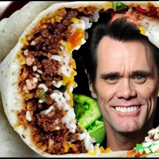 Image similar to jim carrey's head inside of a burrito, inside burrito, inside burrito