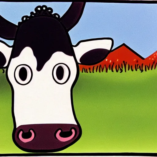 Prompt: a cow points at a bucket in the style of gary larson