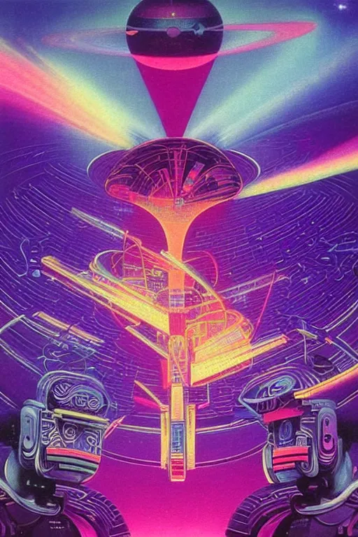 Prompt: 8 0 s art deco planets, stars, supernova, robots, led screens, droids, computers, cinematic dramatic cyberpunk textural fluid lines purple, pink, blue, green. otherworldly vaporwave interesting details fantasy lut epic composition by basquiat zdzisław beksinski james jean artgerm rutkowski moebius francis bacon gustav klimt