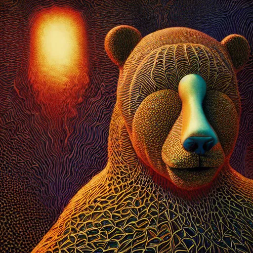 Prompt: oversized bear, freak show, surrealism, fractalism, strange, hyperdetailed, photorealistic, interesting, benoit b. mandelbrot, m. c. escher, patrick woodroffe, ernst fuchs, zdzisław beksinski, id magazine, octane, cinematic, hyperrealism, 8 k, depth of field, bokeh