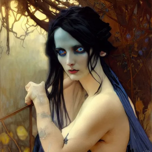 Image similar to dark goth queen with blue eyes, by jeremy mann and alphonse mucha, fantasy art, photo realistic, dynamic lighting, artstation, poster, volumetric lighting, very detailed faces, blue eyes, 4 k, award winning dark, goth, queen, dark fantasy, hyperrealistic portrait, art of elysium, full figure, very detailed face,