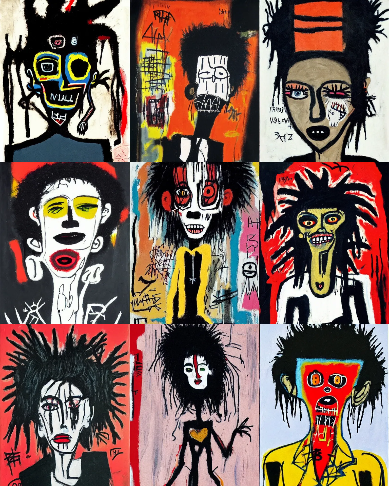 Prompt: A goth painted by Jean-Michel Basquiat. She has large evil eyes with entirely-black sclerae!!!!!! Her hair is dark brown and cut into a short, messy pixie cut. She has a slightly rounded face, with a pointed chin, and a small nose. She is wearing a black leather jacket, a black knee-length skirt, a black choker, and black leather boots.