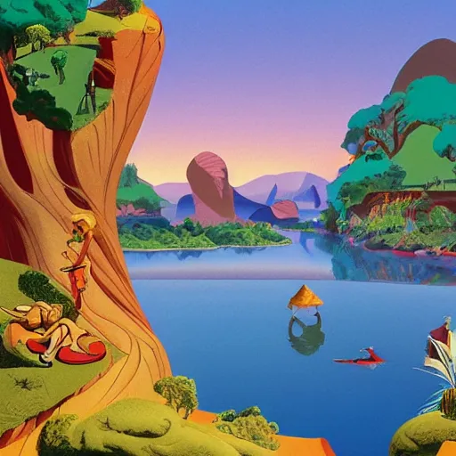 Image similar to hanna barbera, beige imposing, fine by alex ross. a illustration of a landscape. it is a stylized & colorful view of an idyllic, dreamlike world with rolling hills, peaceful animals, & a flowing river. the scene looks like it could be from another planet, or perhaps a fairy tale.