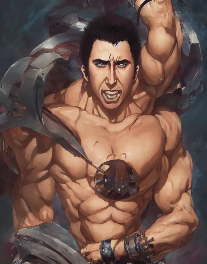 Image similar to anime portrait of nicolas cage as a muscular anime boy by Stanley Artgerm Lau, WLOP, Rossdraws, James Jean, Andrei Riabovitchev, Marc Simonetti, and Sakimichan, trending on artstation
