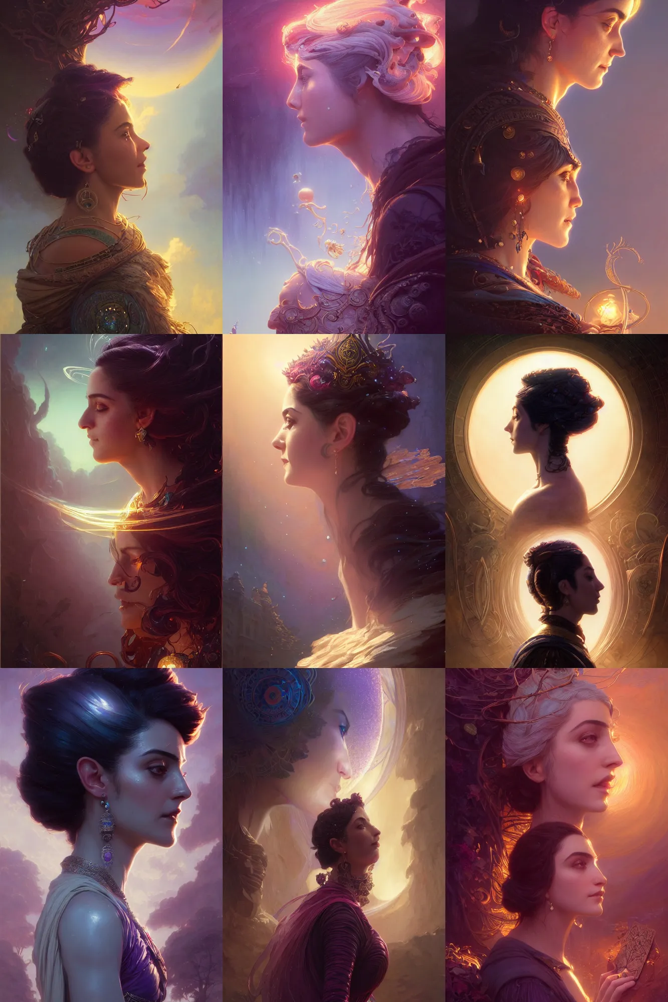 Prompt: side profile portrait of maya ali sorcerer, tarot, highly detailed, stephen bliss, unreal engine, by greg rutkowski, loish, ferdinand knab, kuvshinov, rossdraws, tom bagshaw, mucha, sargent and leyendecker and greg hildebrandt, global illumination, radiant light, abstract rippling background, gaudy colors