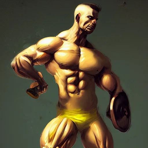 Image similar to lemon with muscular body working out by greg rutkowski