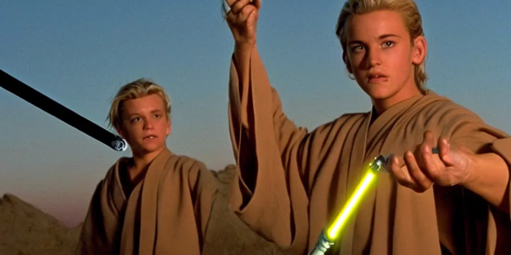 Image similar to !dream A full color still of a teenage blonde Jedi padawan holding the HILT of a lightsaber, at dusk!!!, at golden hour!!!, from The Phantom Menace, directed by Steven Spielberg, 1990