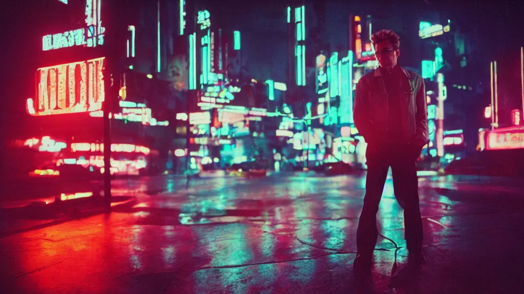 Prompt: portrait of James Dean in a cyberpunk cityscape with neon lights, Cinestill 800t film photo
