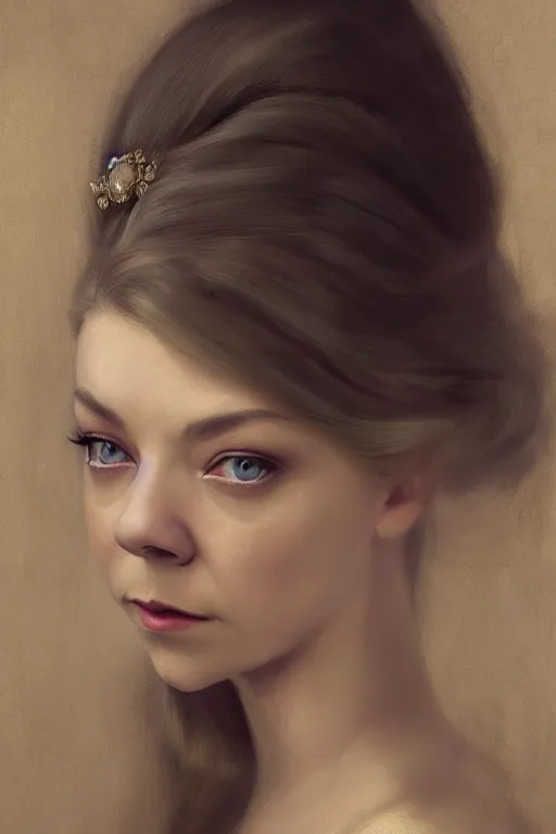 Prompt: a portrait of Natalie Dormer as an elegant beautiful dark bohemian vampire woman, smooth face, glamour shot, bored, illustration, dramatic lighting, soft details, painting oil on canvas, art nouveau, octane render, HDR, 4k, 8k, HD, by Edmund Blair Leighton, Brom, Charlie Bowater, trending on artstation,