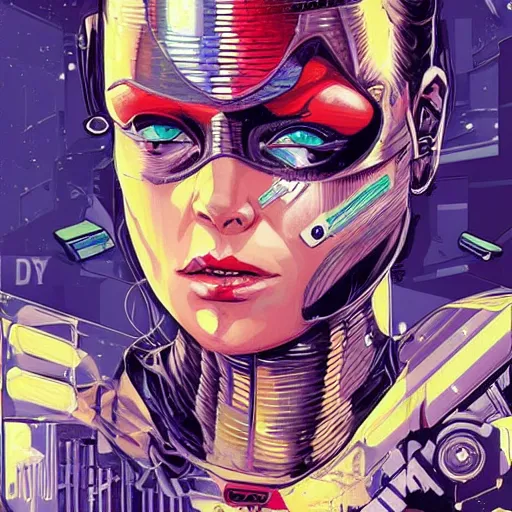 Prompt: female android by (Sandra Chevrier) and Dan Mumford