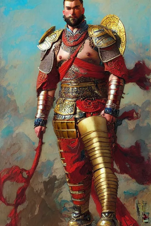 Image similar to beefy male wearing armor, tang dynasty, colorful, painting by gaston bussiere, craig mullins, j. c. leyendecker, tom of finland