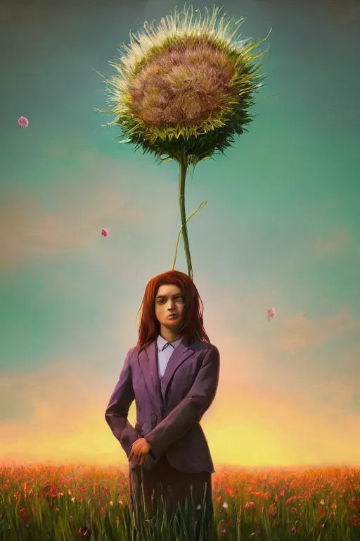 Image similar to portrait, huge thistle flower under head, a girl in a suit in field of flowers, surreal photography, sunrise, blue sky, dramatic light, impressionist painting, digital painting, artstation, simon stalenhag