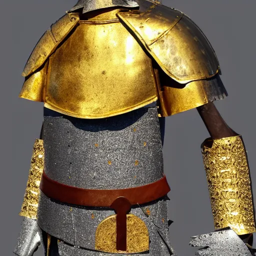Prompt: Headless Roman Soldier in Glistening Gold Armor, Abandoned Roman City, Bright Blue Glowing Sky, Realistic, 4k, High Detail