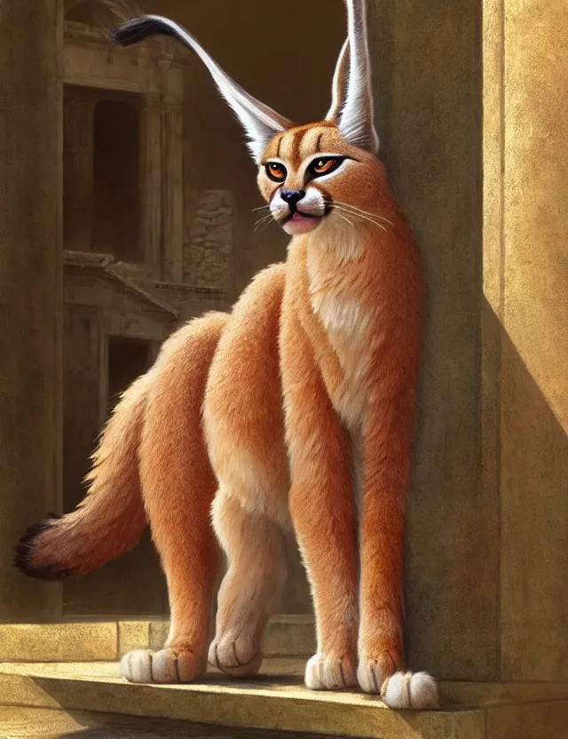 Prompt: cute fluffy caracal in a ancient greek city | | cute, key visual, realistic shaded perfect face, fine details by stanley artgerm lau, wlop, rossdraws, james jean, andrei riabovitchev, marc simonetti, and sakimichan, trending on artstation