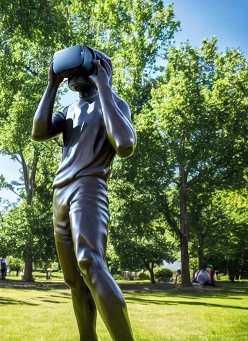 Image similar to photo still of a bronze statue of a man gaming in vr in a park on a bright sunny day, 8 k 8 5 mm f 1 6