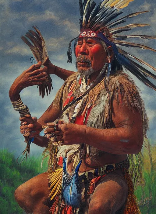 Image similar to a realistic painting of indigenous man playing shamanic drum, highly detailed, matte painting, fantasy art