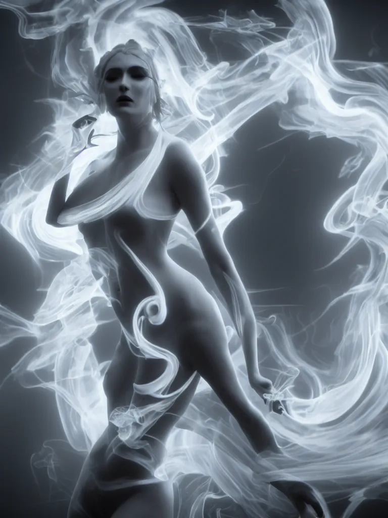 Image similar to white noir priestess, flowing swirls of smoke, hyperreal octane render volumtric cinematic