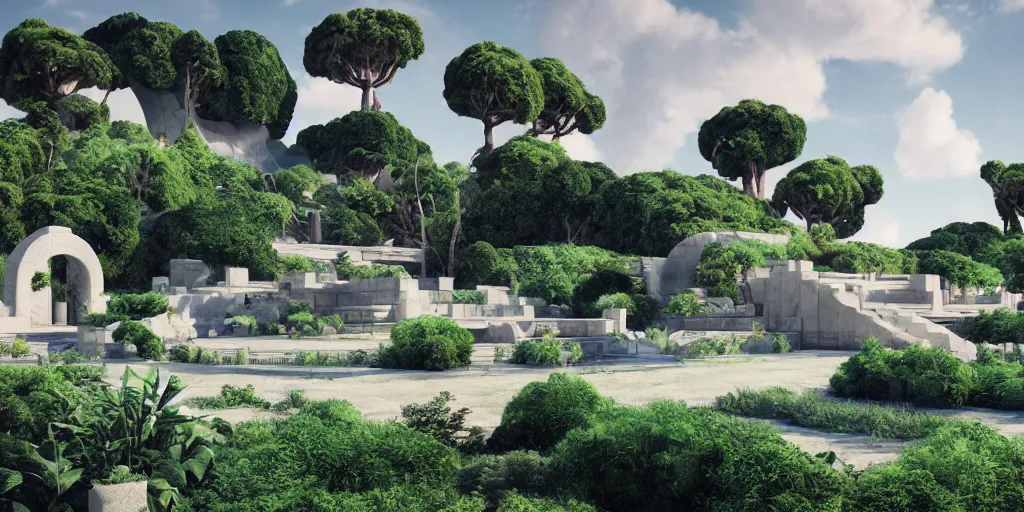 Prompt: verdant classical garden based on the design of carlo scarpa in a future cuty made of travertine temples, aztec starship in the sky, sci-fi, light blue sky with clouds, dramatic matte painting, style by syd mead, 8k, octane render, photorealistic, hyperrealism