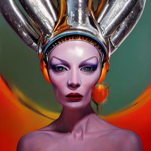 Prompt: a hyper realistic painting of an alien princess, metal headdress, by michael carson, highly detailed, vivid color,