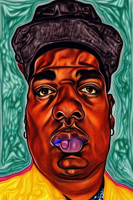 Image similar to a portrait of biggie small in style of egon schiele, masterpiece, hyperdetailed, complex, intricate, 4 k, trending on artstation