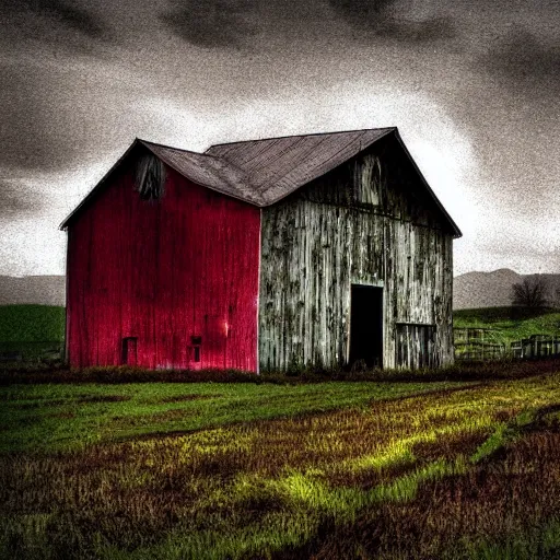 Image similar to a spooky old barn artistic rendition saturated colors deep blacks