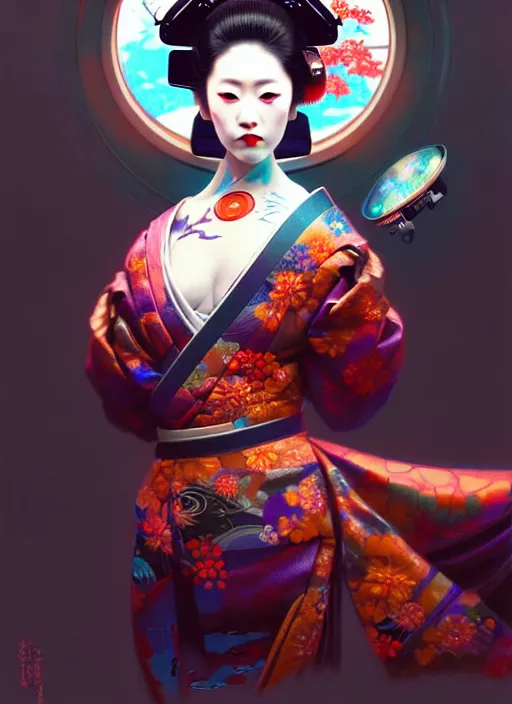 Image similar to beautiful japanese geisha wearing vr eyepiece, robotic, android, cyborg, cyberpunk face, steampunk, fantasy, intricate, elegant, highly detailed, colorful, vivid color, digital painting, cool warm volumetric lighting, artstation, concept art, art by artgerm and greg rutkowski and ruan jia,