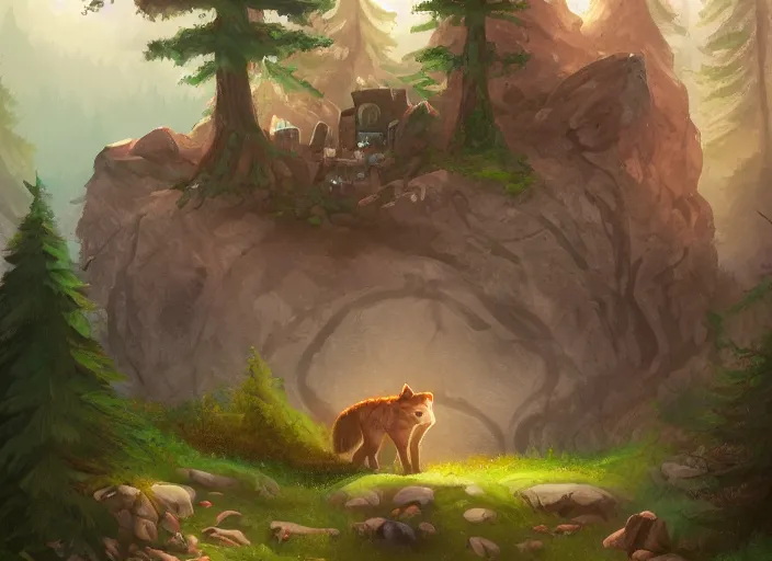 Prompt: a cartoonish big wolf is near a rustic ramshackle hut in a mystical forest full of wonders, pine trees, magical atmosphere, trending on artstation, 30mm, by Noah Bradley trending on ArtStation, deviantart, high detail, stylized portrait