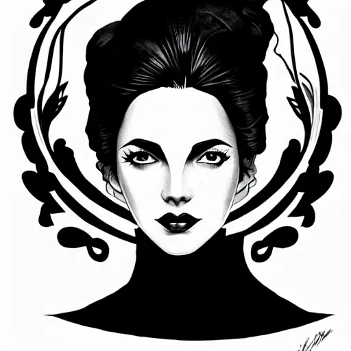 Image similar to black and white silhouette feminine spanish woman portrait alina ivanchenko style logo, ink drawing, art by jc leyendecker and sachin teng