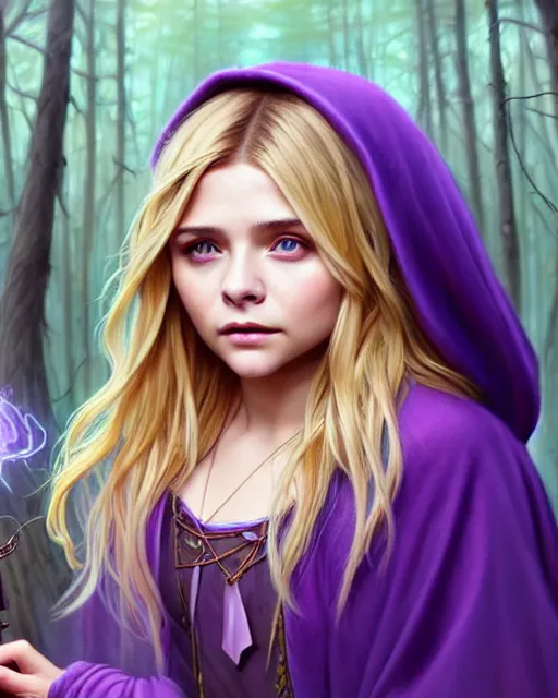 Prompt: cute young mage chloe grace moretz casting a spell, blonde hair, forest, purple heavy cloak and chemise, fantasy character portrait, ultra realistic, intricate, elegant, highly detailed, digital painting, artstaion, smooth, sharp, focus, illustration, art by artgerm and greg rutkowski and alphonse mucha