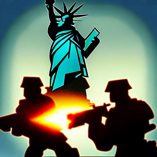 Image similar to The war between the Soviet Union and America, the action takes place in New York, far away against the background of the Statue of Liberty, a lot of soldiers and military equipment, a lot of explosions and tracer bullets, a lot of ruins, a very epic battle, The style of photography of the 80s