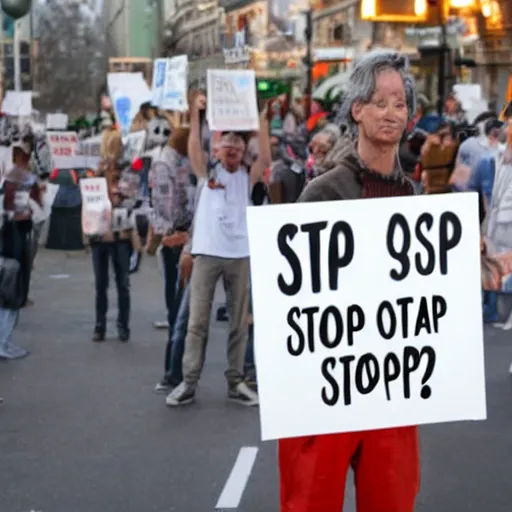 Image similar to of an environmentalist holding up a plastic sign saying stop using oil now photorealistic