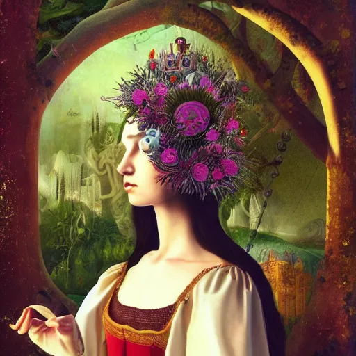 Image similar to a detailed portrait of young woman in renaissance dress and a surreal renaissance headdress, very surreal garden, cyberpunk, surreal tea party, strange creatures, by christian schloe and botticelli, naotto hattori, amy sol, roger dean, moody colors