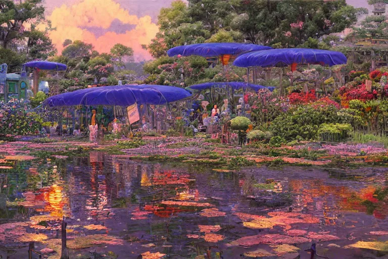 Image similar to oil painting, super - detailed scene spirited away, twilight junkyard, louisiana swamps, indigo blooming flowers garden, japanese sci - fi books art, artwork by jean giraud, hd, 4 k, high quality