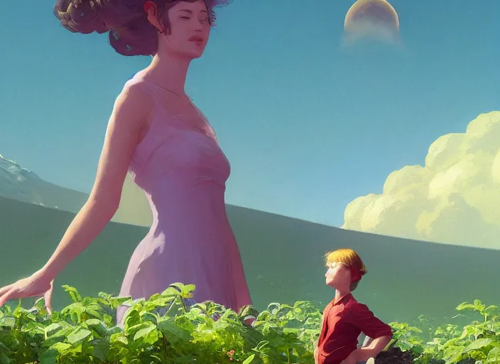 Prompt: gorgeous inspiring girl on the moon caring for tomato plants inside a crater filled with smoke, planet Earth in the sky by Craig Mullins, ilya kuvshinov, krenz cushart, artgerm trending on artstation by Edward Hopper and Dan Mumford and WLOP and Rutkovsky, carl spitzweg and moebius, Unreal Engine 5, Lumen, Nanite