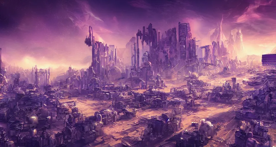 Prompt: Sci-fi wallpaper of an alley in a desert city, view from the top, purple color-theme, cinematic, science-fiction art wallpaper, stunning digital art