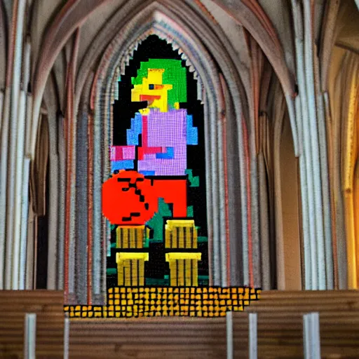 Image similar to pixel art of a farmer in a cathedral holding a red basketball