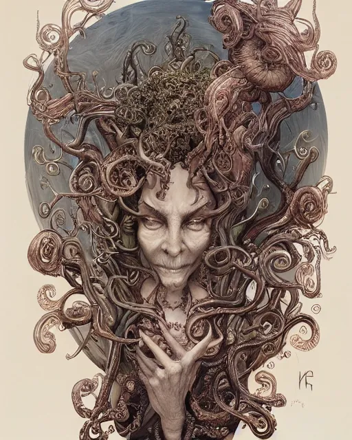 Image similar to centered horific detailed front view portrait of a crazy old woman with ornate tentacles growing around, ornamentation, flowers, elegant, beautifully soft lit, full frame, by wayne barlowe, peter mohrbacher, kelly mckernan, h r giger