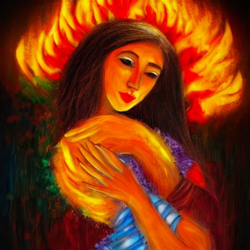 Image similar to beautiful woman cradling her child made of colorful fire by salome tatladze, elegant, colorful, loving