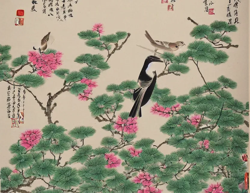 Image similar to bird in the garden and flowers chinese style art very detailed