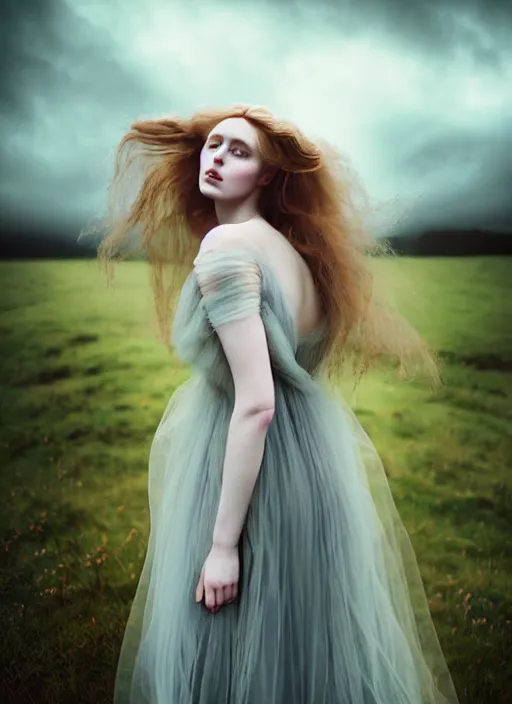 Image similar to kodak portra 1 0 0 photo medium portrait of a pre - raphaelite blond beautiful woman, dress in dark tulle, dreamy mood, fine art photography in style of nicholas fols, 1 5 0 mm, emotionally evoking, head in focus, stormy clouds outdoor, matt mute colour background, volumetric lighting, hyper realistic, ultra detailed